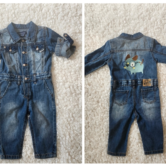 Souris Mini Denim Baby Jumpsuit 6-9M Blue Jean Overalls Romper with Dog Patch - Picture 1 of 12